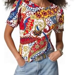3/$20 Talbots Red and Blue Paisley Tab Sleeve Top Cotton Stretch Sz S